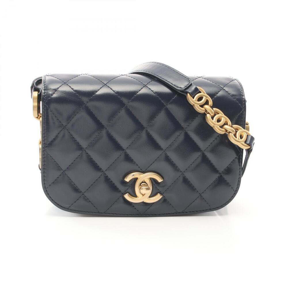 Chanel Matelasse Shoulder Bag Leather Suede Navy Blue